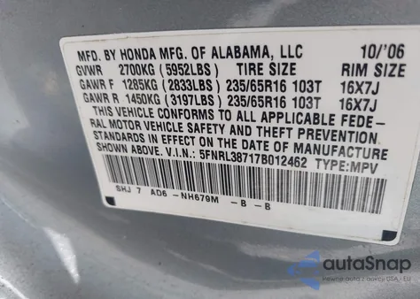2007 Honda Odyssey Ex-L z USA, uszkodzony, nr VIN 5FNRL38717B012462